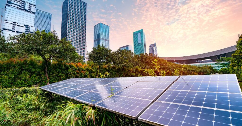 rising power of renewable energy - solar panels in a city